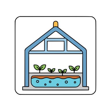 Çevre dostu kapalı tarım illüstrasyonu, su yetiştirme sisteminde küçük fidanlı sera hidroponiklerini gösteriyor.