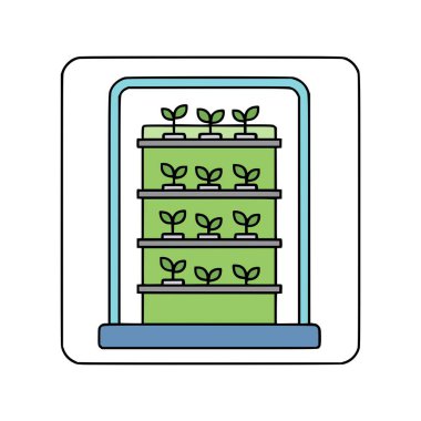 Dikey hidroponik seranın eğitici vektörü fidelerle birlikte sağlıklı büyümeyi, verimli çiftçiliği ve gelecekteki bahçe teknolojisini sembolize ediyor.