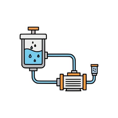 Verimli tarım teknolojisi için rezervuar, motor ve bağlı borularla hidroponik su pompası kurulumunun renkli asgari çizimi