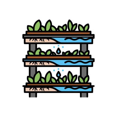 Düz tasarım, istiflenmiş tepsiler, bitki kökleri ve sulama için su damlaları ile modern dikey tarım kavramını gösteriyor