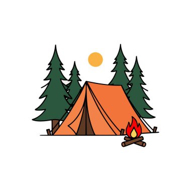 Çizgi film açık hava kamp sahnesi çadır, çam ormanı, odun alevleri ve güneş seyahat, tatil ve macera teması için mükemmel.