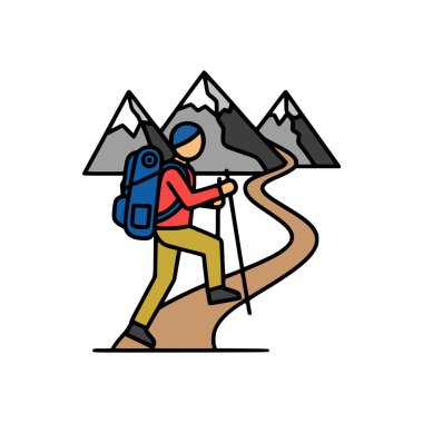 Çizgi film stili kaşif açık hava kıyafetleri içinde dik patikada kar kaplı dağ silsilesi manzaralı vahşi arka planda.