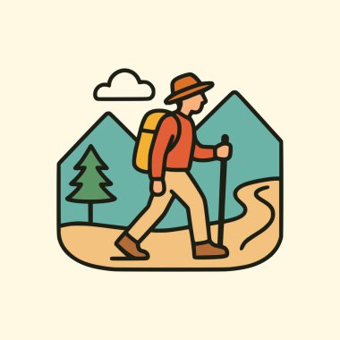 Gezgin çizimleri dağları gezerken baston, sırt çantası, orman ağacı ve macera yaşam tarzını temsil eden bulutlarla.