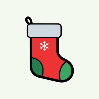 Kar tanesi ikonlu şirin Noel çorabı tasarımı, geleneksel kırmızı yeşil renkler ve basit dekoratif tatil illüstrasyonları.