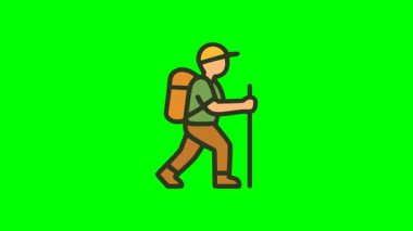 Turuncu sırt çantası ve yürüyüş sopasıyla yürüyen adam, açık hava macera gezgini düz çizgi film vektör çizimi minimum kalın çizgi stiliyle