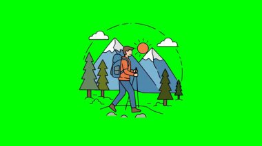 Sırt çantalı gezgin doğa yürüyüşü, ağaçlı ve parlak güneşli manzaralı dağ manzarası, düz vektör çizgi film tasarımı