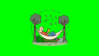 Çizgi filmdeki kadın hamakta okumayı seviyor, ağaçlarla ve yeşilliklerle doğal rahatlama, yassı vektör çizimi açık hava yaşam tarzı tasarımı.