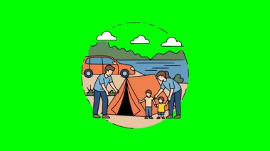 Ebeveynler ve çocuklar su ve dağların yakınına kamp çadırı kuruyorlar, aile açık hava seyahat vektörü illüstrasyonu araba ve doğa ile