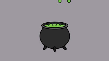 Zehirli yeşil iksirli cadılar bayramı cadı tenceresi. Tarafsız arka planda siyah kazanda kaynayıp köpürüyor.