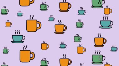 Çizgi film içecek animasyonu. Renkli sıcak içecek bardakları ve kupaları yumuşak tonlarda.