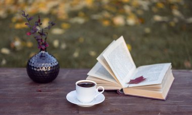 Küçük beyaz kahve fincanı, içinde akçaağaç yaprağı olan bir kitap, sonbahar günü yapraklarla dolu bahçedeki ahşap bir masada Berberis dalları olan bir vazo.