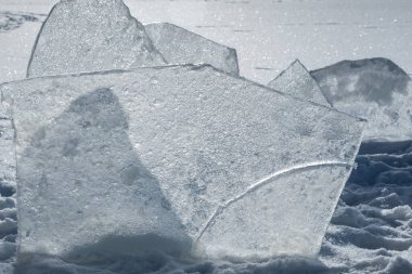 Güneşli kış gününde gölün üzerinde büyük buz parçaları olan soyut bir arkaplan.