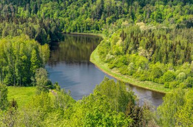 Sigulda, Letonya 'daki tepeden Gauja nehir vadisinin baharda manzarası.