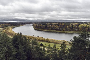 Landscape view on the bend of Daugava river, forest and meadow at Naujene parish, Daugavpils district, Latgale region, Latvia on autumn overcast day clipart