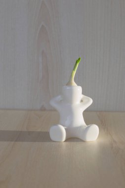 White ceramic figurine of human with growing onion from his head is sitting on wooden surface illuminated by sunlight clipart