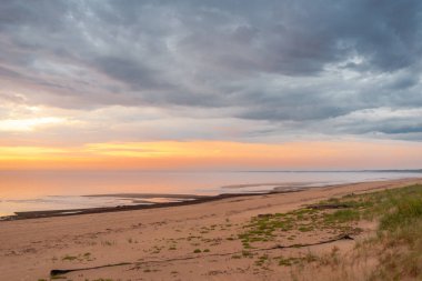 Baltık Denizi 'nin boş kumlu plajı yaz aylarında gün batımında sislerle kaplıydı.