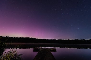Aurora Borealis kuzey ışıkları, meteor, Jüpiter, Mars, Ağustos gecesi Letonya 'daki orman gölü üzerindeki yıldızlar..