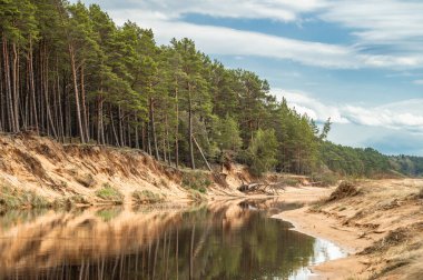 Letonya 'da güneşli bahar gününde Vitrupe nehri ağzı