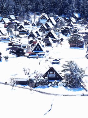 Shirakawa-go 'nun yoğun kar bölgesinin muhteşem manzarası.