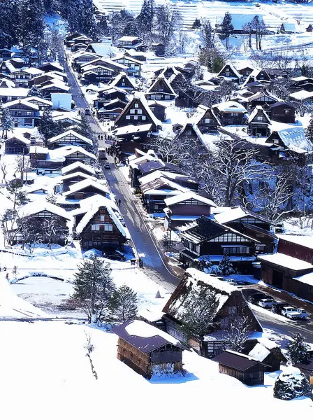 Shirakawa-go 'nun yoğun kar bölgesinin muhteşem manzarası.