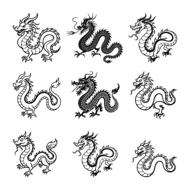 Çin Ejderhası Silueti, Çin Ejderha Koleksiyonu Vektör İllüstrasyonu