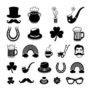 Aziz Patrick Günü Simgeleri, Aziz Patrick Günü seti. Tatillerde geleneksel ikonlar - esrar, şapka, bira, sigara piposu, at nalı, yonca, İrlanda altın sikkeleri, arp vektör ilüstrasyonu