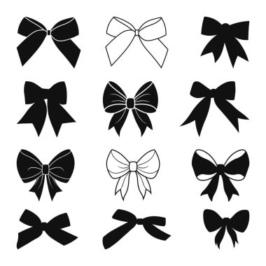 Bow Set Koleksiyonu, Retro el çizimi Bow kurdele illüstrasyon seti, Bow Kravat Çizimi Silüeti