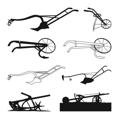 Eski Pulluk Siluetleri Koleksiyonu, Eski Pulluk SVG, Tarım Vektörü, Çiftlik Evi Monogramı, Cricut ve Siluet Tasarımları, Yazdırma için Eski Pulluk Vektörü, Eski Pulluk Clipart vektör İllüstrasyonu