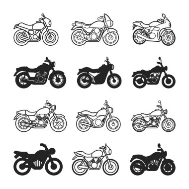 Motorcycle Vector isolated Silhouettes, motorbike Icons Set Illustration