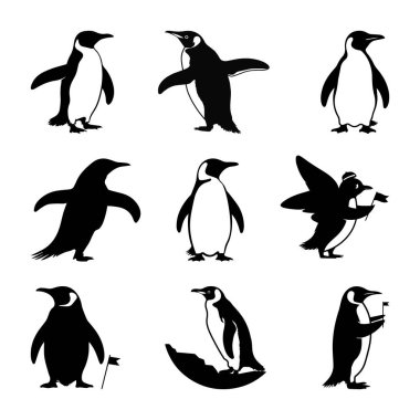 Penguen Siluetleri Seti, Penguen Çizgi Film Çizim Seti, Penguen Vektör İllüstrasyonu