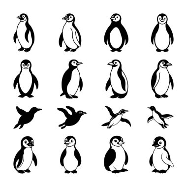 Penguen Siluetleri Seti, Penguen Çizgi Film Çizim Seti, Penguen Vektör İllüstrasyonu