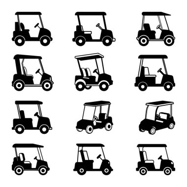 Golf Arabası Silüeti Resimleri, Golf Arabası Simgesi Set Vektörü, Golfçü Clipart SVG