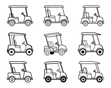 Golf Arabası Silüeti Resimleri, Golf Arabası Simgesi Set Vektörü, Golfçü Clipart SVG
