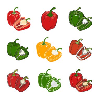 Bell Pepper Simgeleri Silueti Ayarla, Capsicum SVG Vektör İllüstrasyonu