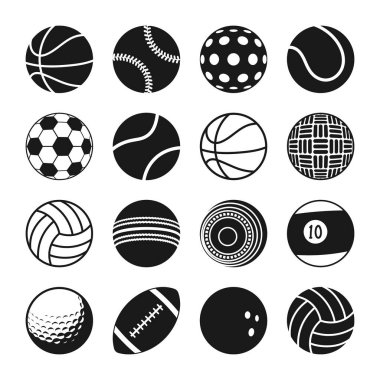 Spor Baloları Simgeleri Set Vector Silhouette Illustration, Basketball, Football, Soccer, Voleyball, Tennis, Beyzbol Kickball, Pickleball, Glof, Lawn Bowl Ball
