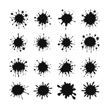 Siyah Mürekkep Damlaları Siluet, Su Sıçratma ve Mürekkep Sıçratma Çizgi Filmi SVG. Leke ve boya damlaları, sıvı damlası ikonu ve düz bir sıçrama..