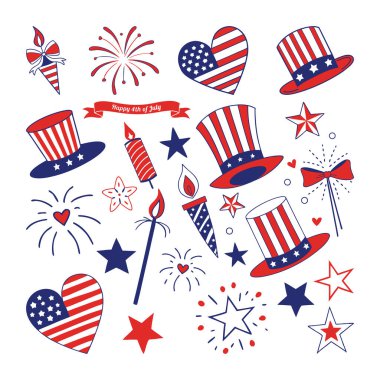 Elle çizilmiş 4 Temmuz element koleksiyonu, 4 Temmuz Kutlama Elemanları, ABD 'nin Bağımsızlık Günü için ikonlar.