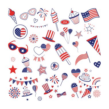 Elle çizilmiş 4 Temmuz element koleksiyonu, 4 Temmuz Kutlama Elemanları, ABD 'nin Bağımsızlık Günü için ikonlar.