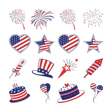 Elle çizilmiş 4 Temmuz element koleksiyonu, 4 Temmuz Kutlama Elemanları, ABD 'nin Bağımsızlık Günü için ikonlar.