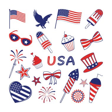 Elle çizilmiş 4 Temmuz element koleksiyonu, 4 Temmuz Kutlama Elemanları, ABD 'nin Bağımsızlık Günü için ikonlar.