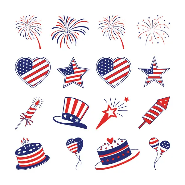 Elle çizilmiş 4 Temmuz element koleksiyonu, 4 Temmuz Kutlama Elemanları, ABD 'nin Bağımsızlık Günü için ikonlar.