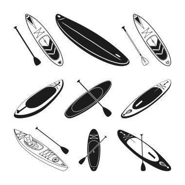 Paddleboard Silhouette, Paddle Board Vector SVG, SUP boarding design elements, Kayaks and Paddles Silhouette