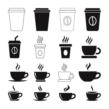 Kahve Kupası Simgeleri Koleksiyonu Siluet, çay fincanı silueti elementler, logolar için mükemmel kahve fincanı SVG Vektör illüstrasyonu