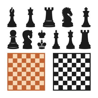 Satranç Parçaları ve Tahta Silüetleri, Satranç Parçası Simgeleri SVG 'yi ayarlayın. Satranç tahtası oyunu. Siyah siluetler resimleme.