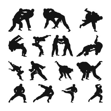 Judo set siluet vektörü, judoka svg, dövüş sanatları, judo atleti siluetleri, siyah beyaz arka plan resimleri