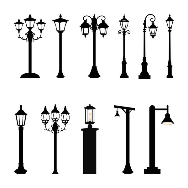 Lamp Post Silhouette, Vintage Street Light Posts Set Silhouette, Old Street Lamp Post Collection. Street Road Light Pole svg. Vector Illustration Isolated on White Background.