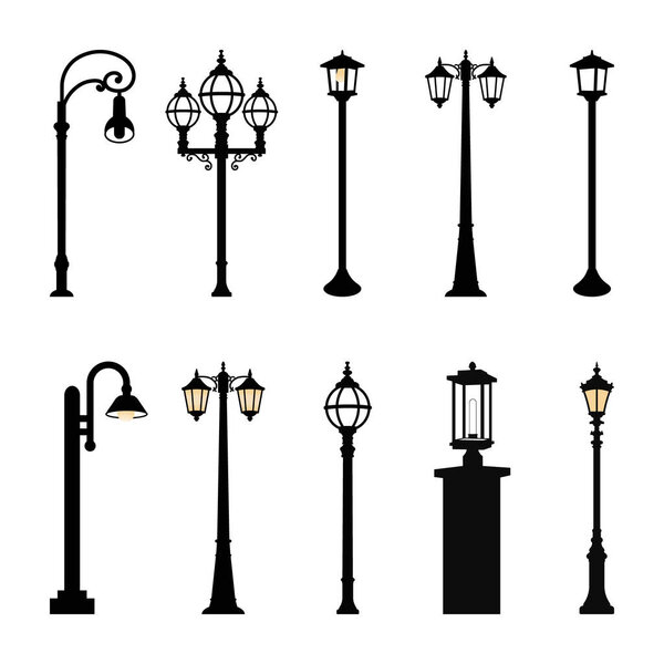 Lamp Post Silhouette, Vintage Street Light Posts Set Silhouette, Old Street Lamp Post Collection. Street Road Light Pole svg. Vector Illustration Isolated on White Background.