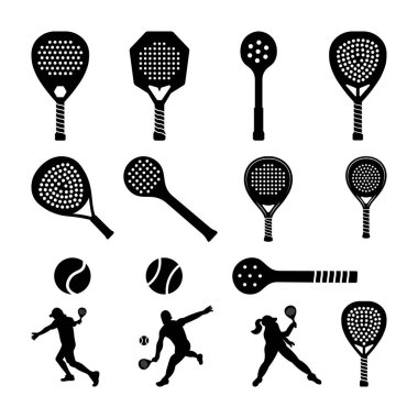 Padel Tenis Takımı Siluetleri, Padel Raket Tenis Çubuğu Silueti, Padel Tenis Topu ve Oyuncular beyaz arkaplanda svg vektörü