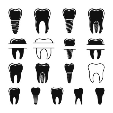 Diş implantları ve diş siluetleri seti, diş implantı svg demeti, diş simgeleri, illüstrasyon