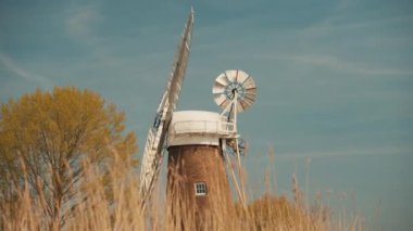 Mavi bir gökyüzünün altında dönen yel değirmeni bıçakları. Norfolk Hatunları